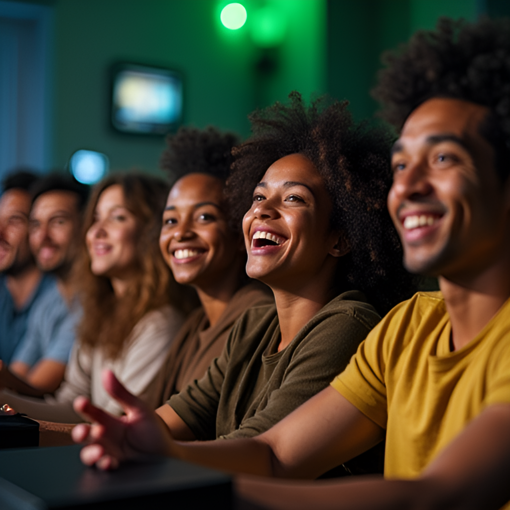 A diverse group of gamers smiling and playing various types of games on an Xbox Series X, illustrating the wide range of titles available through Xbox Game Pass, perhaps with some game icons visible in the background.