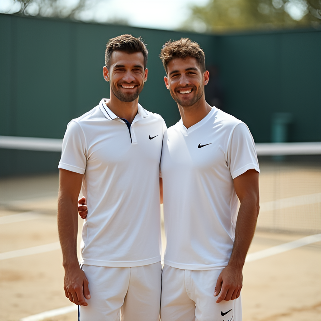 A heartwarming photo of Francisco Cerundolo and his younger brother, Juan Manuel Cerundolo, standing together on a tennis court, smiling after a match or practice session