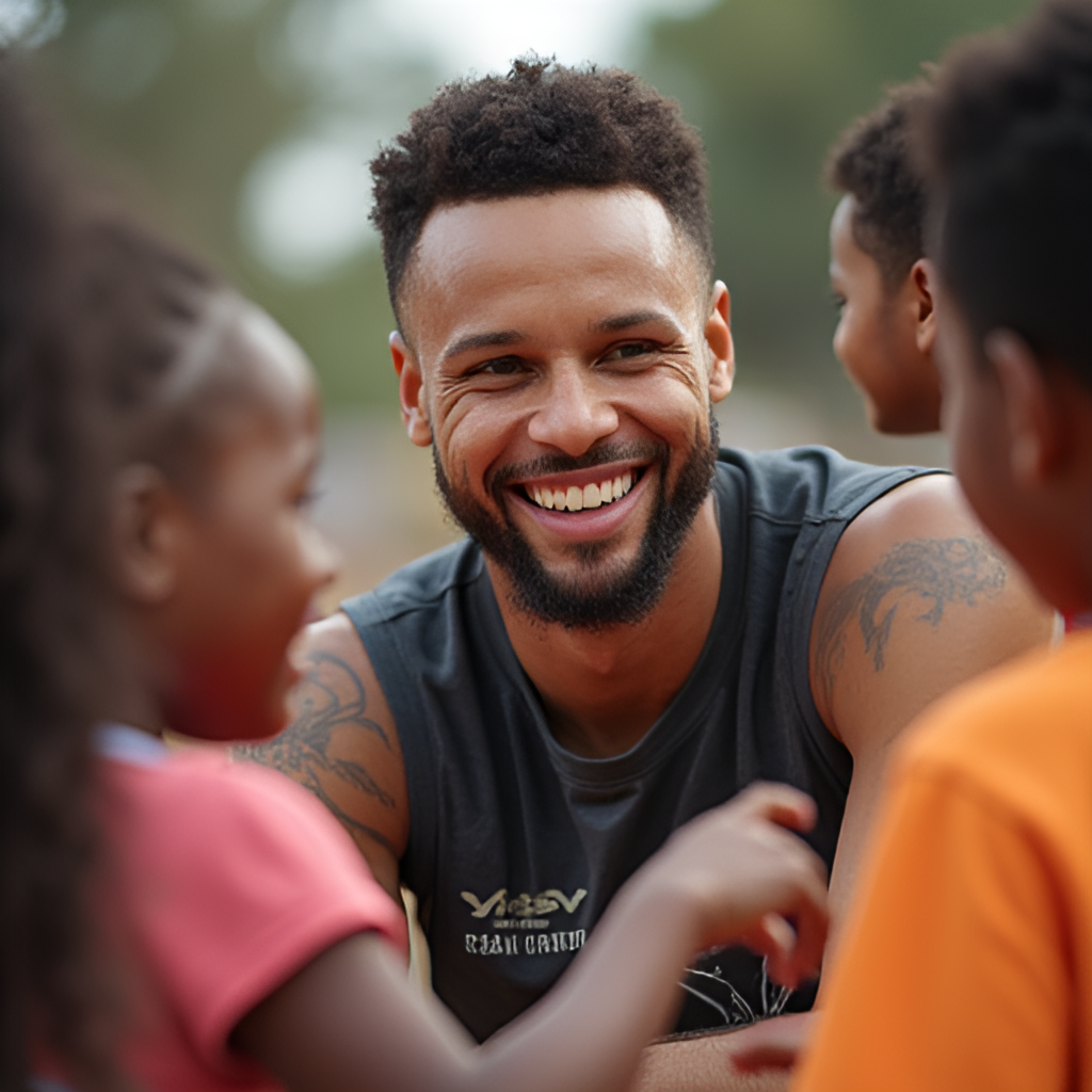 A close-up portrait of Stephen Curry smiling and interacting with children during a community event, showcasing his off-court philanthropic work.