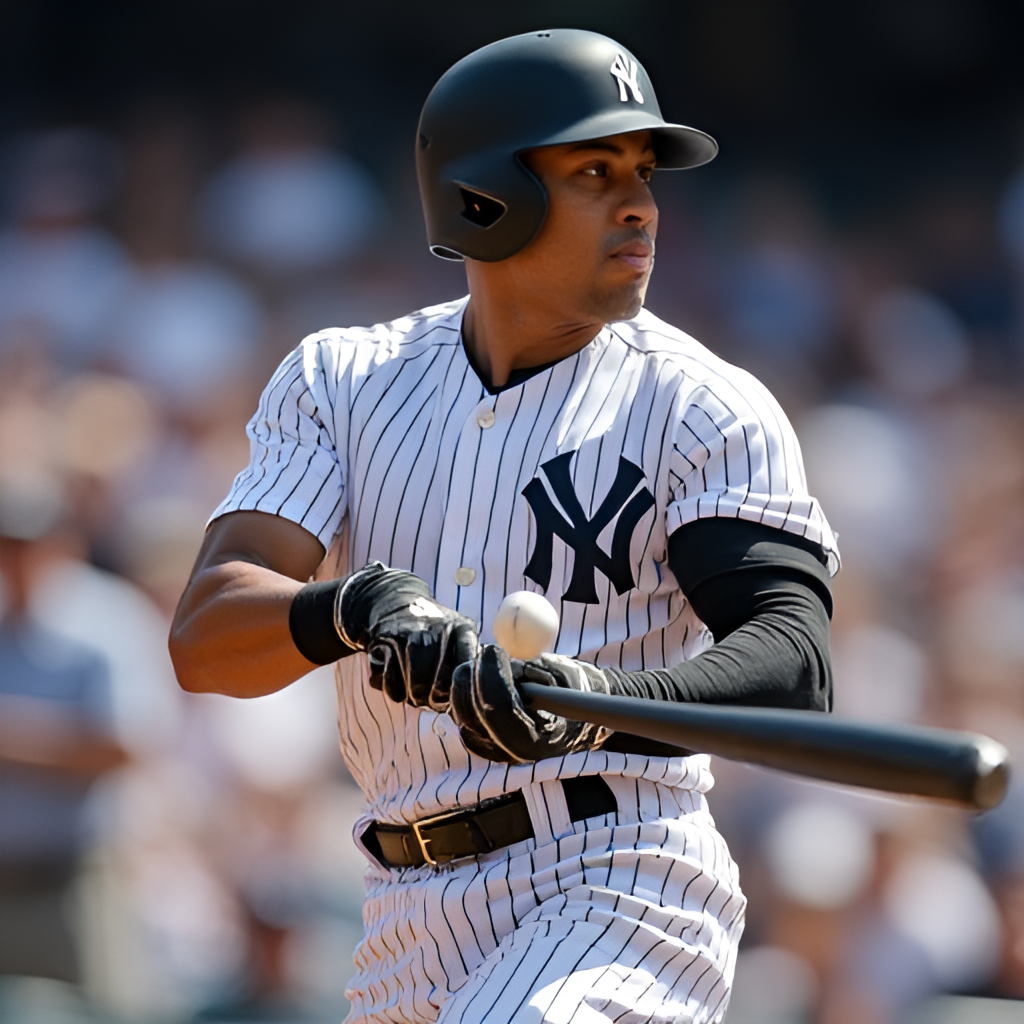 A close-up shot of a Yankees player hitting a baseball during a game, with focus on the intense action and the blur of motion.