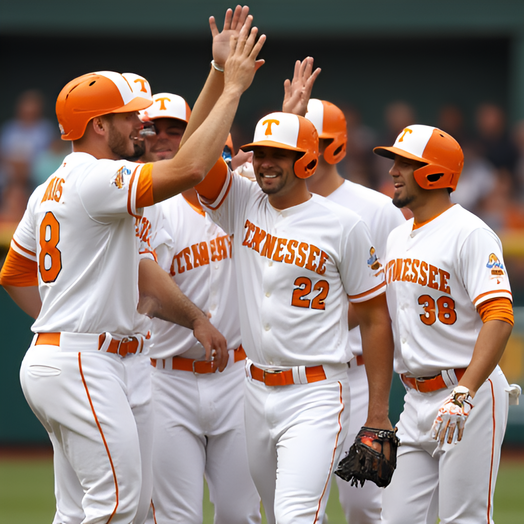 A photo of the Tennessee baseball team celebrating a key victory on the field, with players high-fiving and cheering.