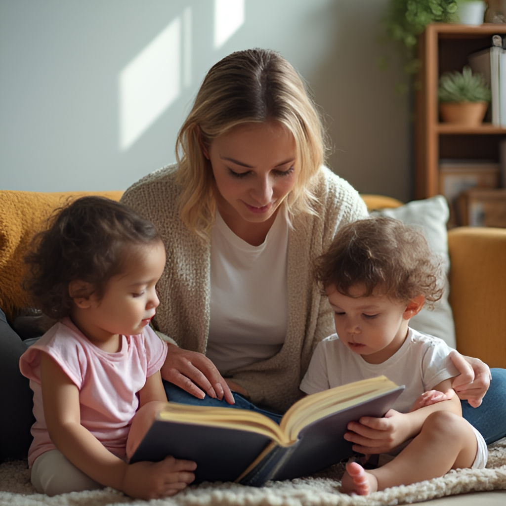 A calm and reassuring caregiver is reading a book to a small group of children in a cozy corner of a child care center, emphasizing a safe and nurturing environment. The image should convey a sense of trust and engagement.