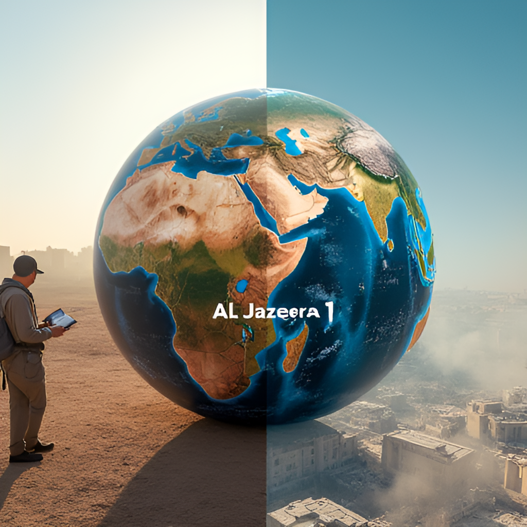 A collage or split image showing contrasting scenes: one side depicting a journalist reporting from a conflict zone in the Middle East, and the other side showing the Al Jazeera logo superimposed over a globe, symbolizing its global reach.