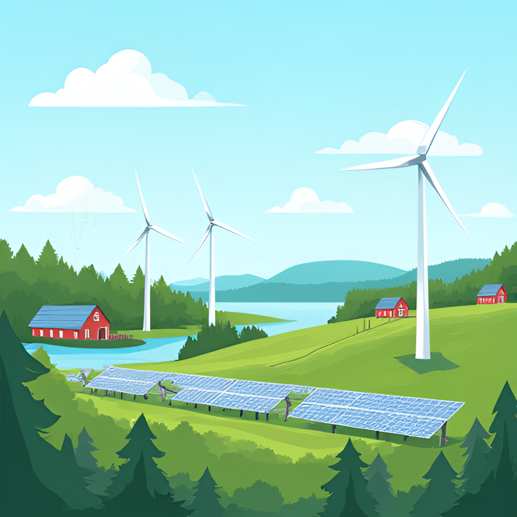 An illustrative image representing renewable energy in Maine, perhaps showcasing wind turbines or solar panels in a scenic Maine landscape.
