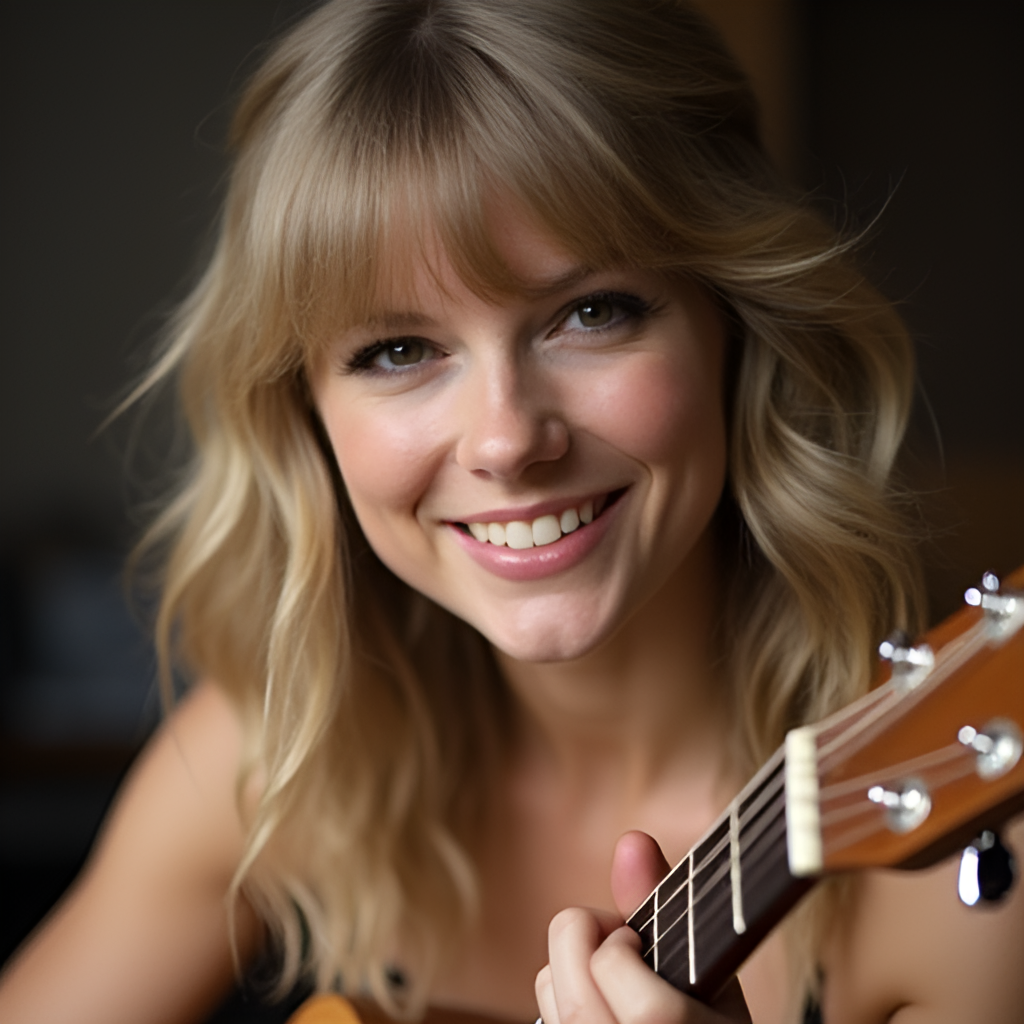 A close-up portrait of Taylor Swift smiling and holding a guitar, perhaps in a studio or casual setting, emphasizing her connection to songwriting and her personal touch as an artist.