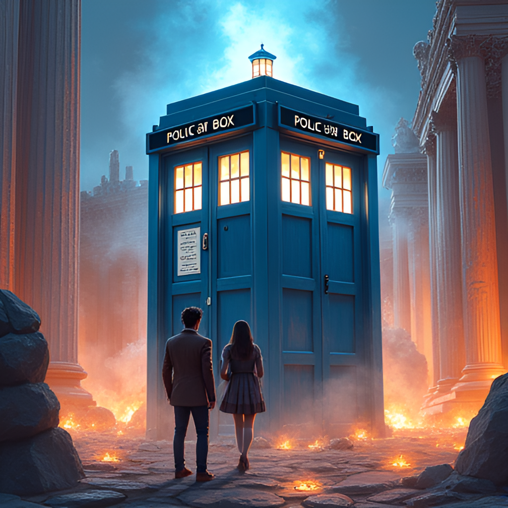 A vibrant illustration of the TARDIS police box materializing in a historical setting, perhaps ancient Rome or Victorian London, with the current Doctor and a companion looking out in awe.