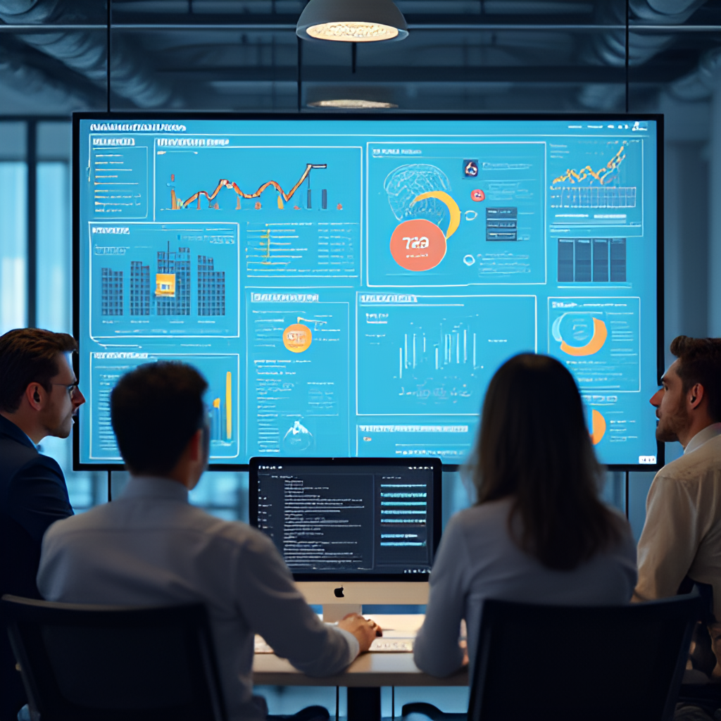 A photo-realistic image depicting a diverse group of business professionals from different departments (marketing, sales, IT) collaborating and looking at a dashboard displaying unified customer data and insights, set in a modern office environment.