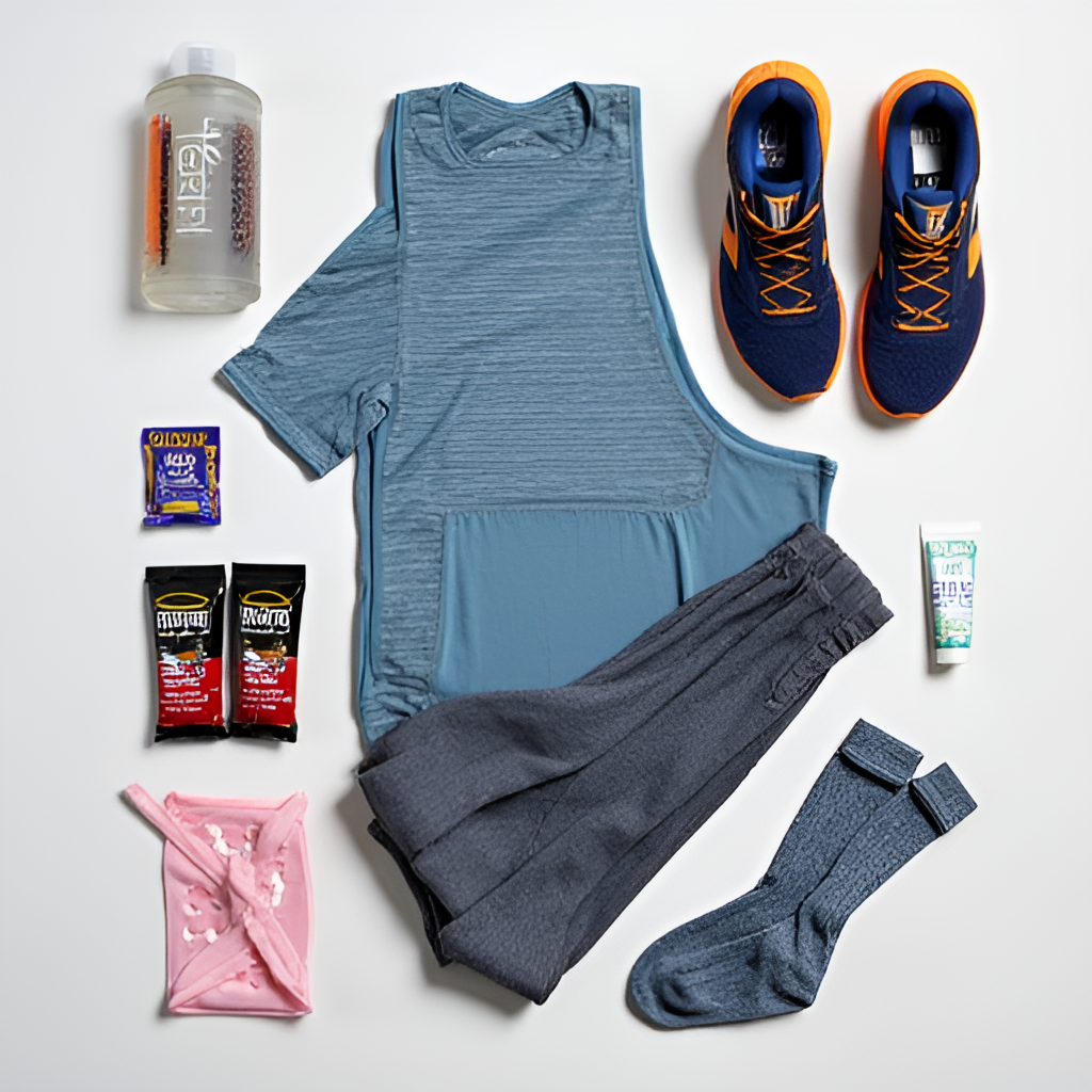 A flat lay of essential marathon running gear for the Cleveland Marathon, including running shoes, sweat-wicking socks, a technical running shirt, energy gels, a hydration bottle or belt, and anti-chafing balm, artfully arranged on a neutral background.