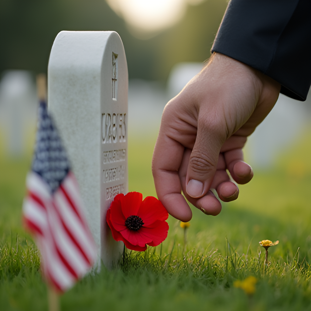 A close-up, respectful image of a hand placing a red poppy flower next to an American flag at the base of a military gravestone.