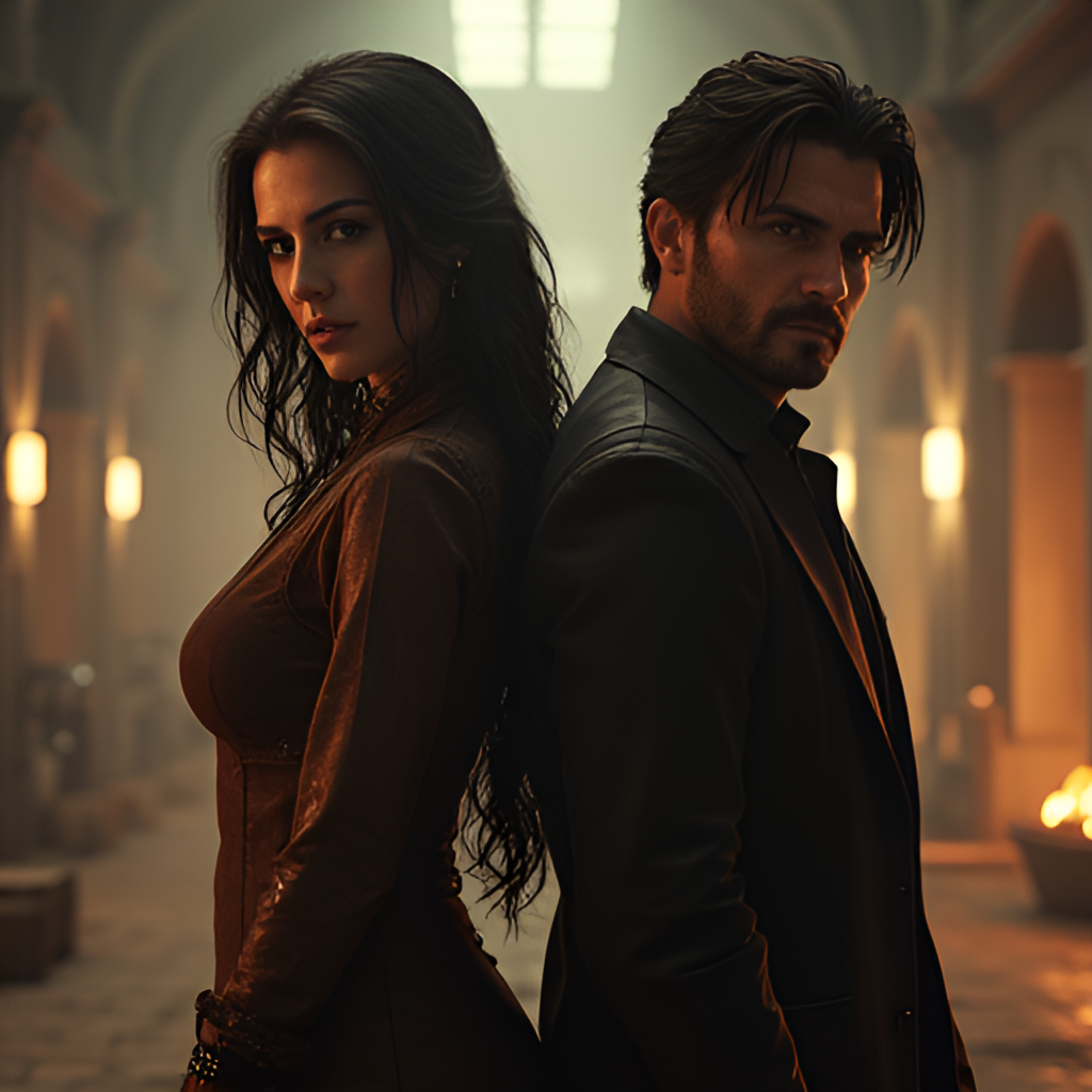 A dynamic shot of the two protagonists, Lucia and Jason, standing side-by-side in a dramatic pose, perhaps during a heist or intense moment, conveying their partnership and the game's action-adventure genre.