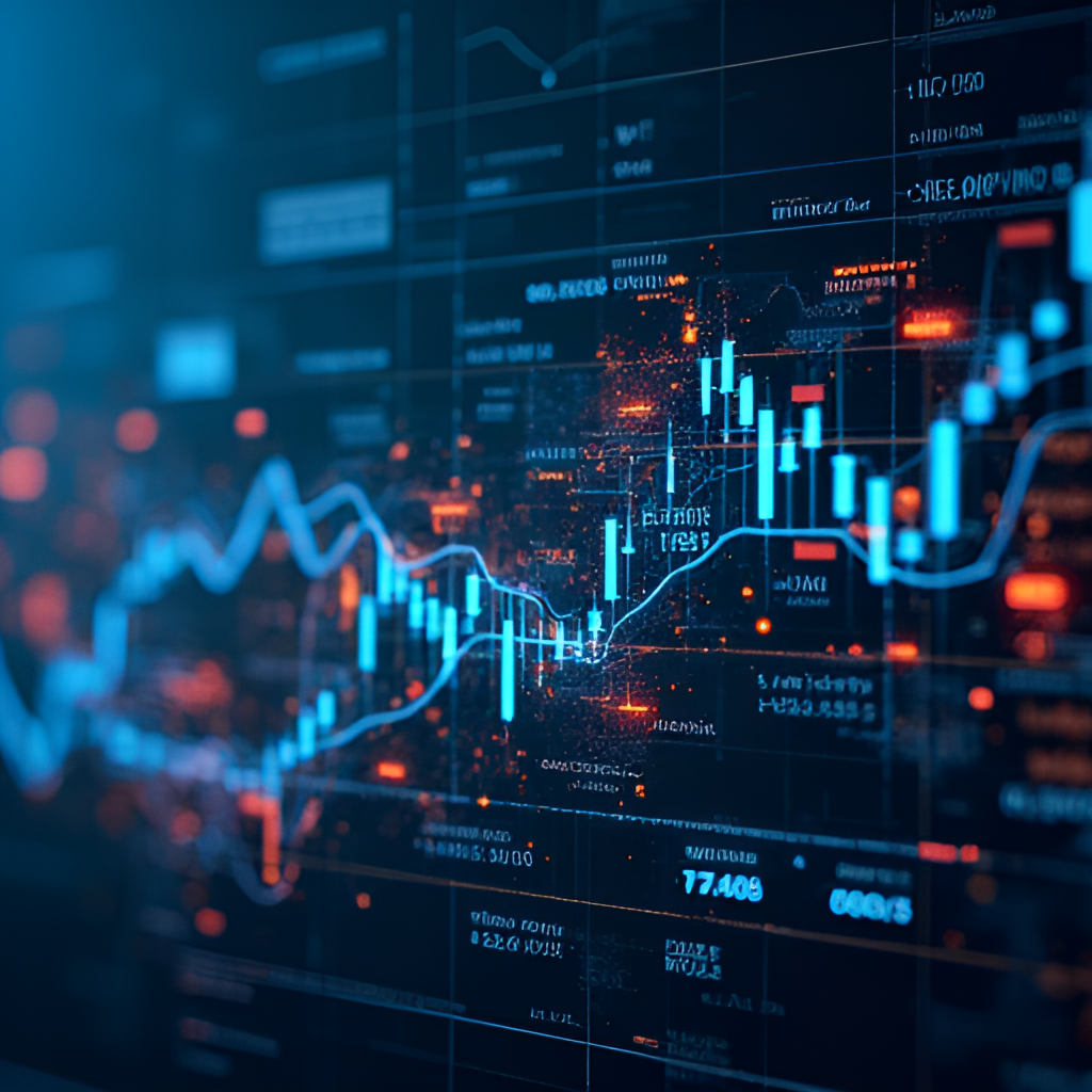 An abstract image representing diversification in investing, with various stock charts and company logos associated with the Dow Jones Industrial Average overlaid on a background of financial data.