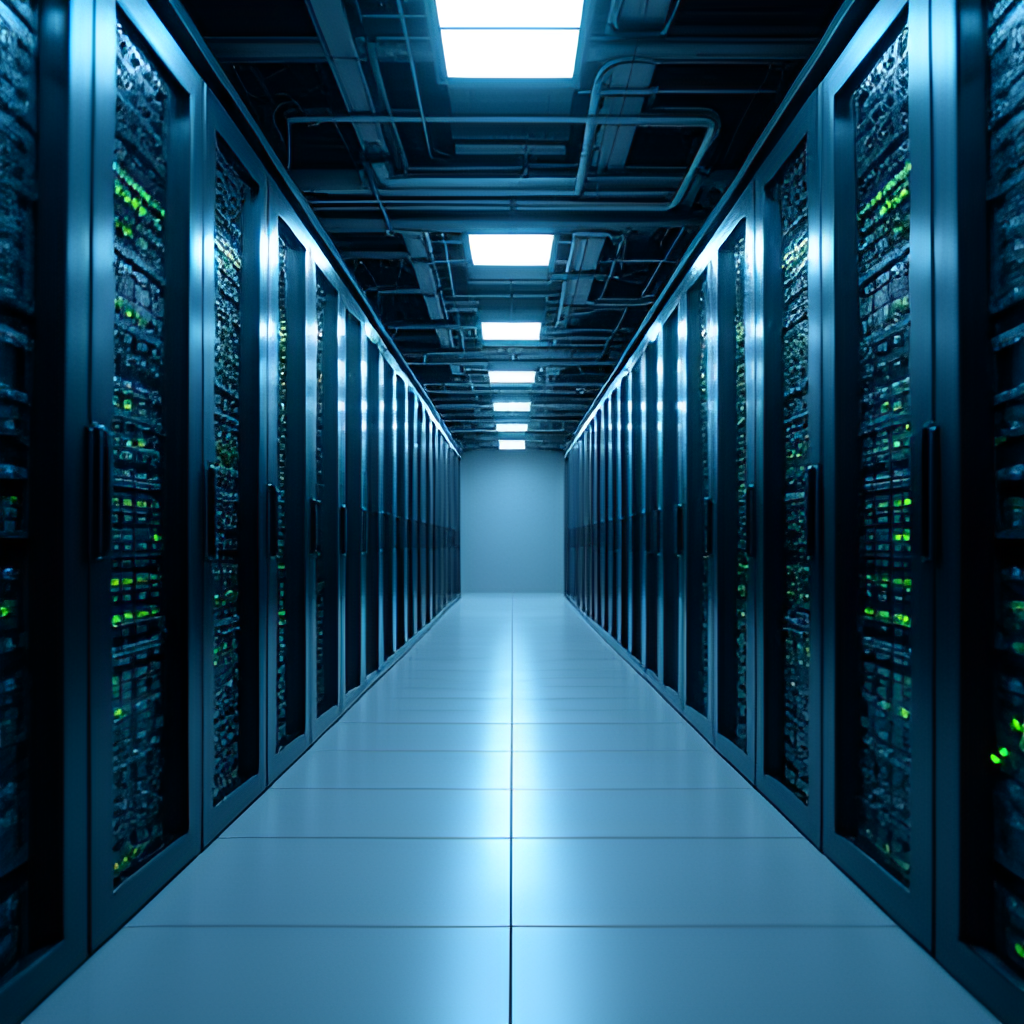 An image of a data center with racks of servers, symbolizing NVIDIA's primary growth driver. Style: clean, modern photography.