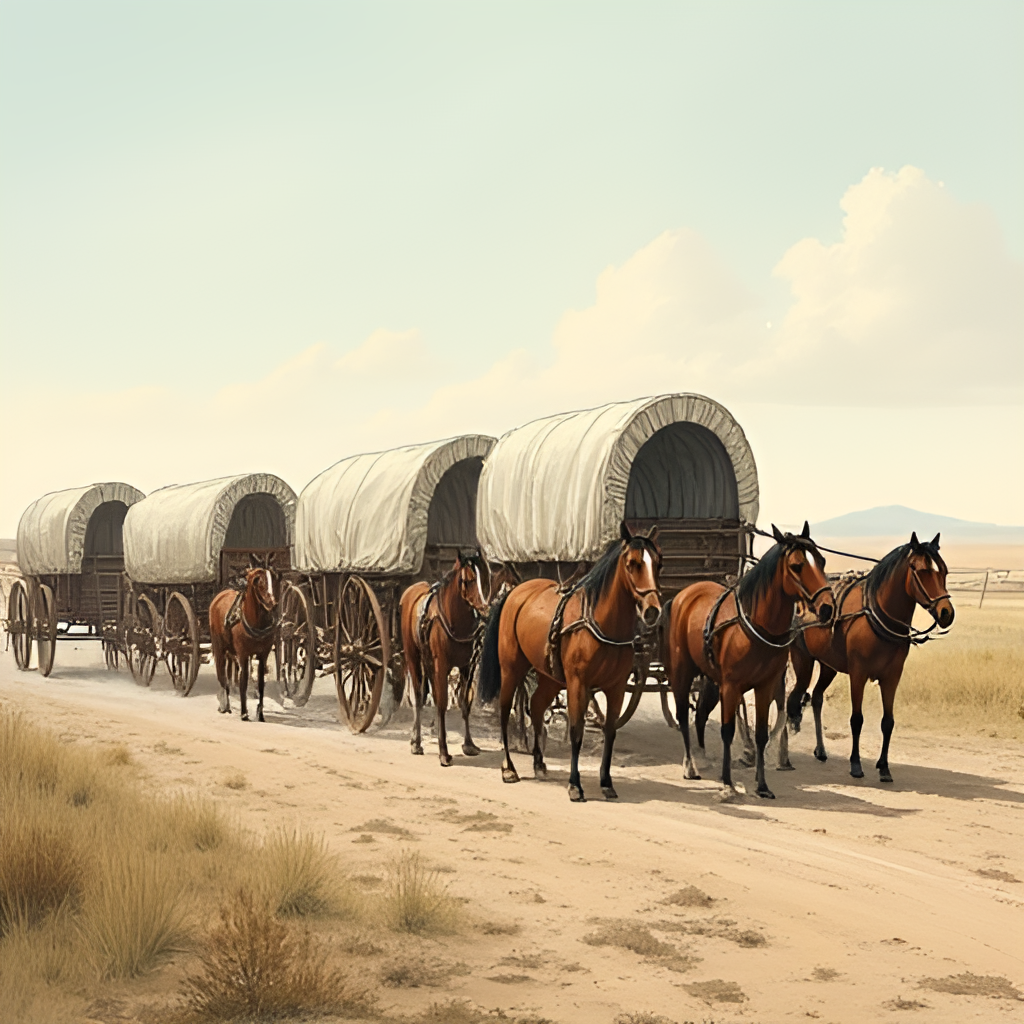 A historical illustration or photograph depicting pioneers setting off on the Oregon, California, or Santa Fe Trail from Independence, with covered wagons and horses.