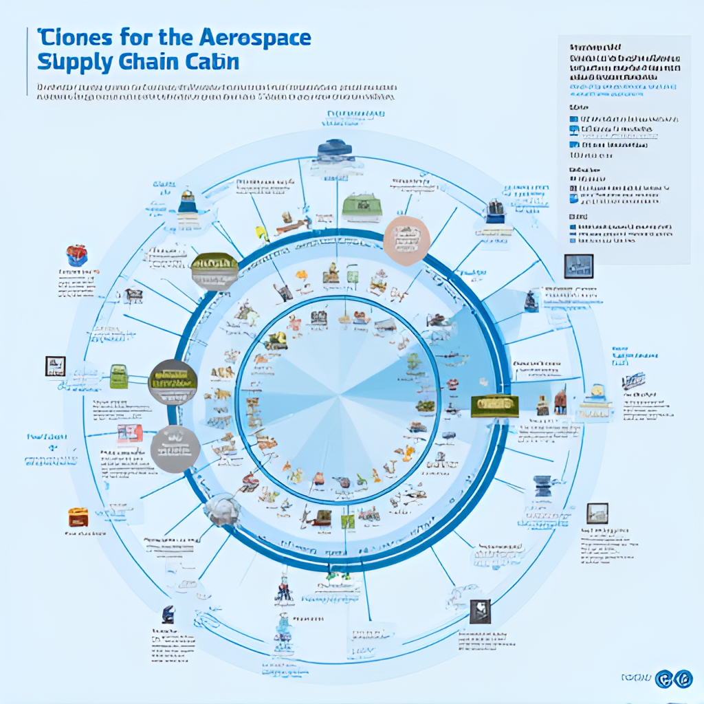 A visual representation of a complex aerospace supply chain, with various components and global connections, illustrating the challenges and importance of managing the supply chain for companies like GE Aerospace.