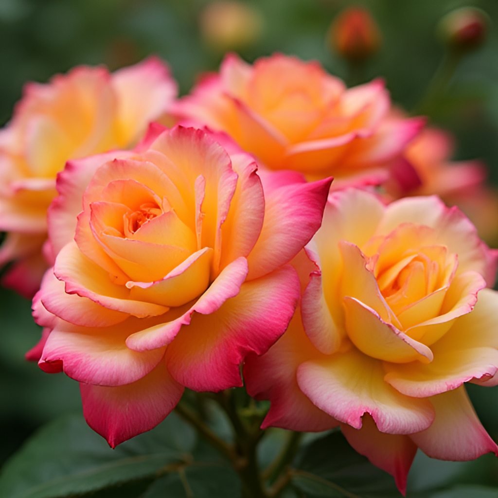A close-up photo of vibrant, colorful roses in full bloom at the Elizabeth Park Rose Garden in Hartford, Connecticut, with blurred greenery in the background.