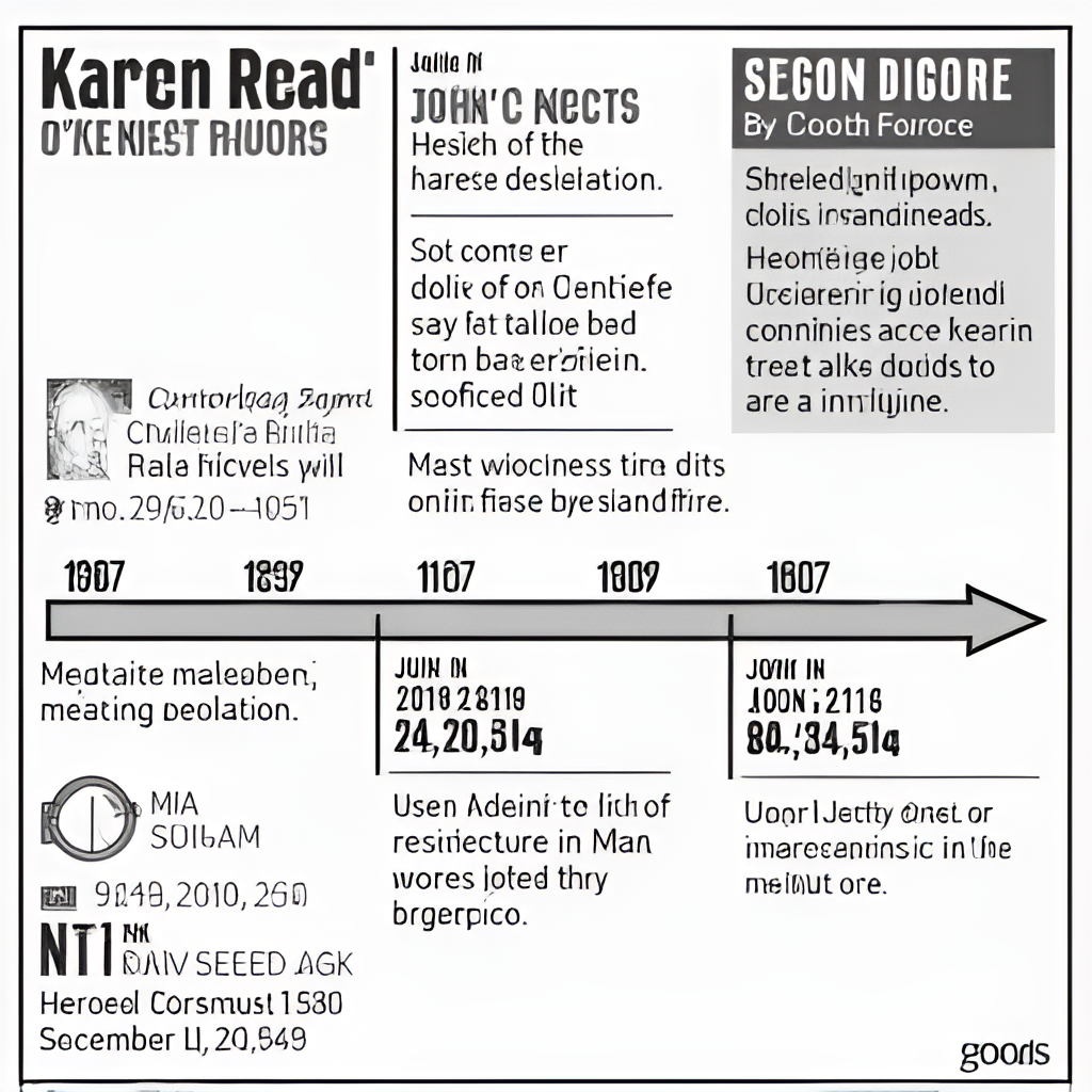A graphic showing a timeline of key events in the Karen Read case, from the discovery of John O'Keefe's body to recent trial dates and witness testimonies.