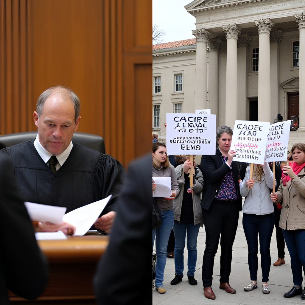 A split image showing a courtroom scene on one side with lawyers and a judge, and on the other side, a group of people holding 'Free Karen Read' signs outside the courthouse, illustrating the legal process and public interest.