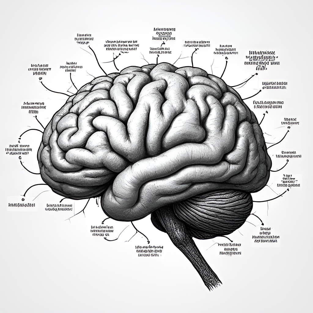 Close-up photo of a brain graphic overlaid with word bubbles and connecting lines, symbolizing the cognitive process of solving word puzzles like NYT Connections.