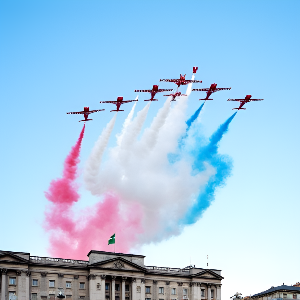 The Red Arrows flying in formation, trailing red, white, and blue smoke, over Buckingham Palace in London. The palace balcony is visible below with members of the Royal Family watching. The sky is blue, and the image conveys speed and precision.