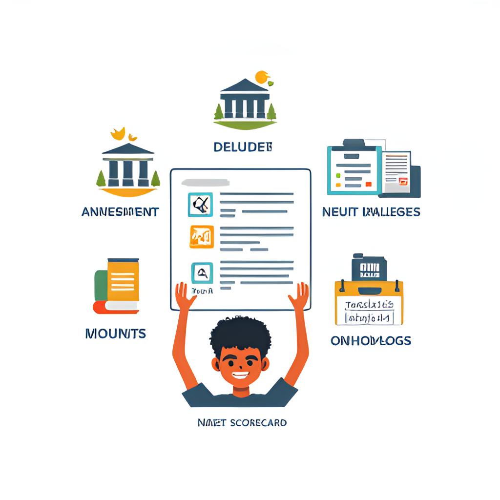 An illustration showing a student looking at a NEET scorecard with various details highlighted, surrounded by icons representing colleges and counselling documents. Hopeful and clear style.