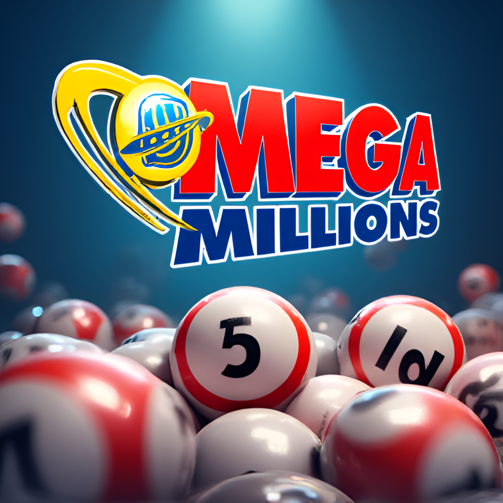A stylized illustration of lottery balls being drawn from a machine, with the Mega Millions logo prominent, emphasizing the random nature of the draw process.