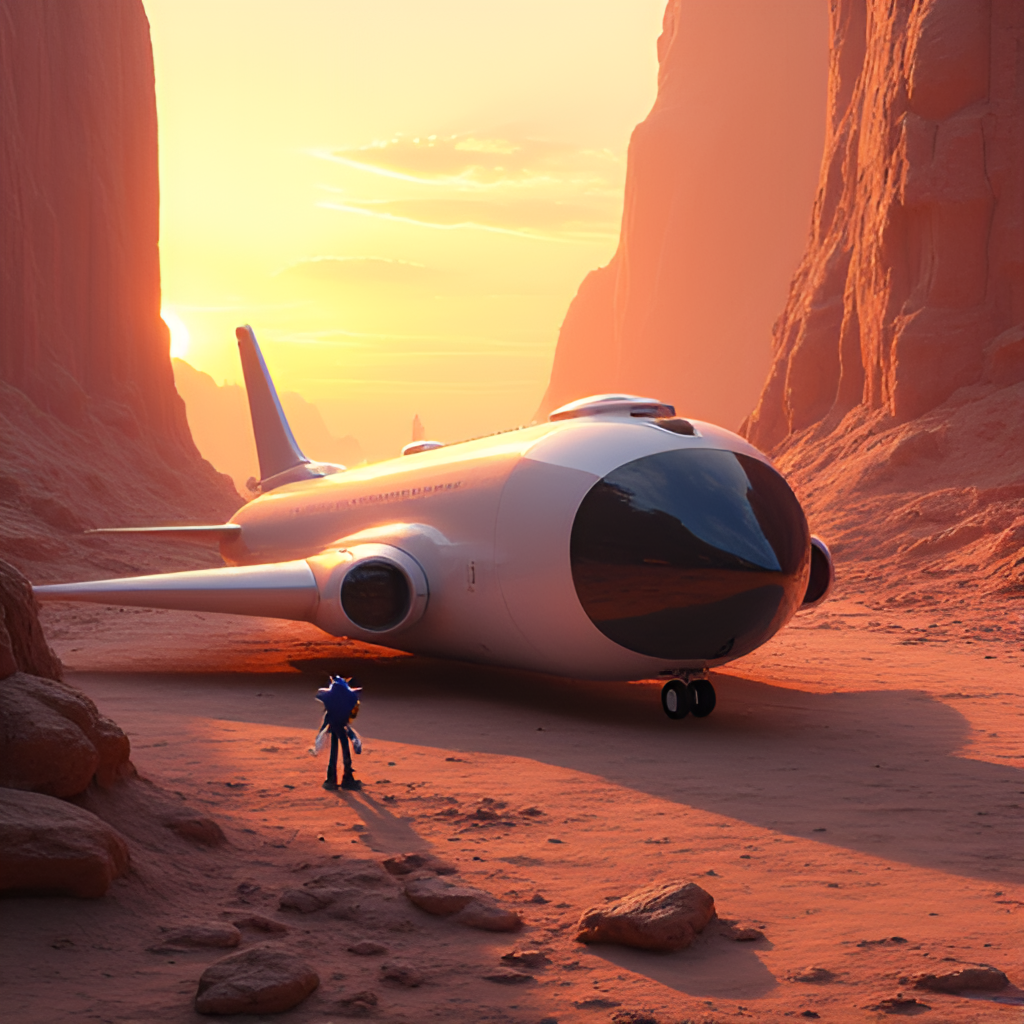 A concept art style image depicting a sleek, mobile base resembling a modified Tornado plane, parked in a discreet, rocky canyon at sunset, with Sonic standing nearby.