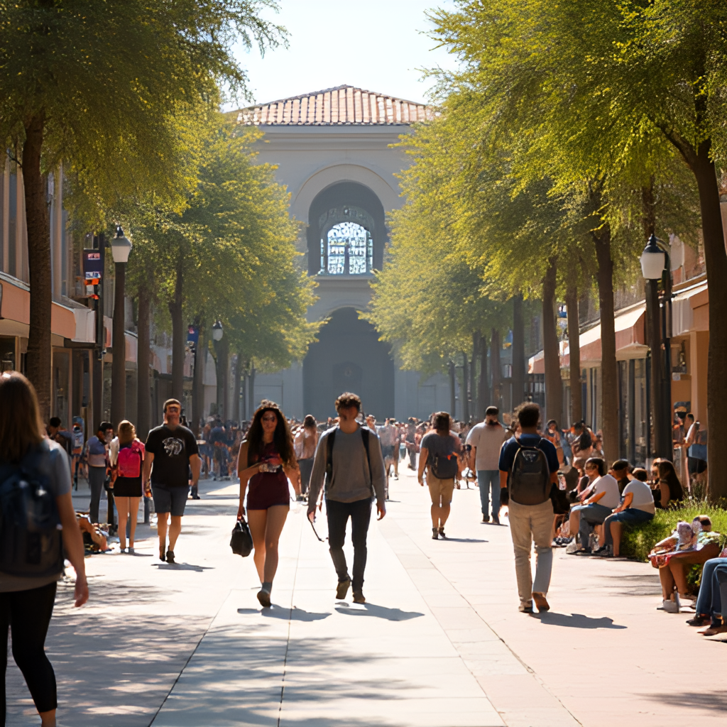 A lively scene on the University of Arizona mall with students walking, studying, and relaxing between classes, depicting the vibrant atmosphere of campus life