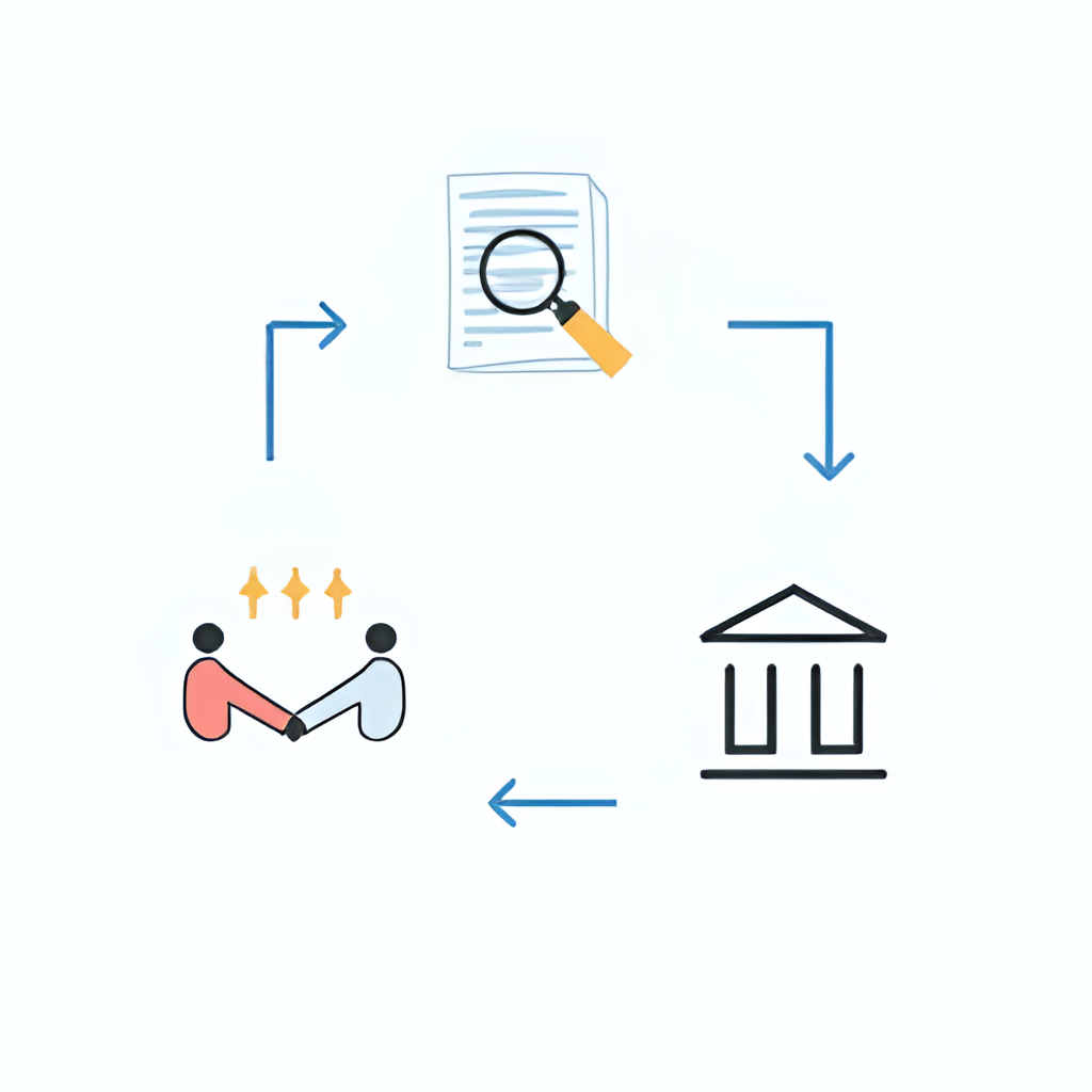 A visual representation of the personal injury claims process, showing different stages like investigation (magnifying glass on documents), negotiation (two hands shaking or opposing figures), and potential court representation (simplified gavel or courthouse icon), using icons or simple illustrations.