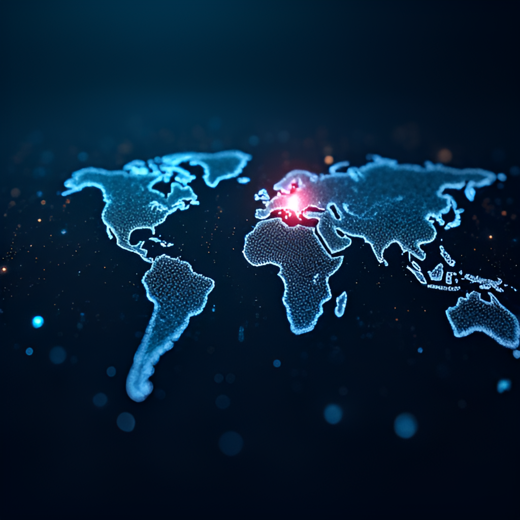 An abstract, interconnected web of digital lines and nodes, representing a global network, with a single broken or flashing node symbolizing a widespread service disruption or outage, against a dark, tech-themed background.